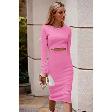 PRETTYGARDEN Women's Long Sleeve Midi Bodycon Dresses Casual Crewneck Cut Out Ribbed Knit Fitted Pencil Dress (Pink,Medium)
