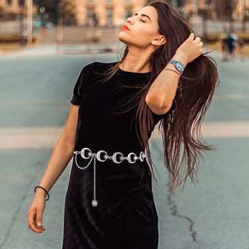 FIORETTO Chain Belt for Women Metal Belts Fashion Waist Belts for Dress Moon Star Silver Length 43in