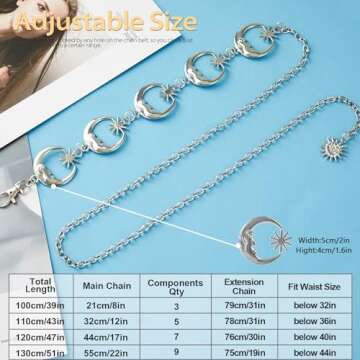 FIORETTO Chain Belt for Women Metal Belts Fashion Waist Belts for Dress Moon Star Silver Length 43in