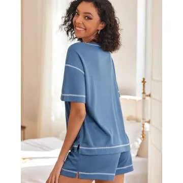 Ekouaer Pajamas for Women Set Waffle Knit Pajama Set 2 Piece Lounge Sets Loungewear PJS With Pockets Blue