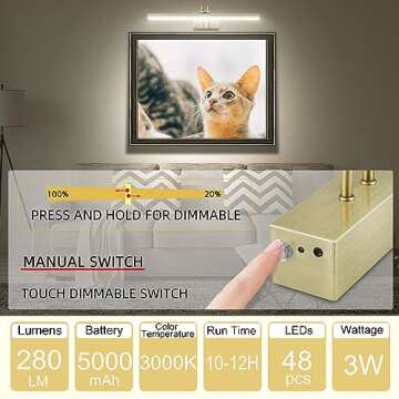 FUNCHDAY Picture Light, Wireless Rechargeable Gallery Lights with Remote, 280LM 48 LED Dimmable Painting Lighting, 16in Battery Operated Art Lights for Paintings,Wall Artwork (Antique Brass)