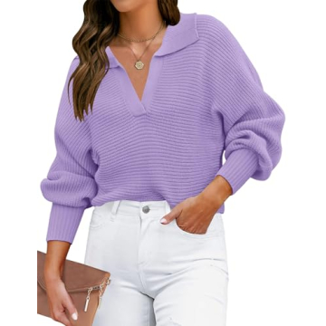 ZESICA Women's Fall Lapel Collar V Neck Long Sleeve Ribbed Knit Comfy Loose Casual Pullover Sweater ...