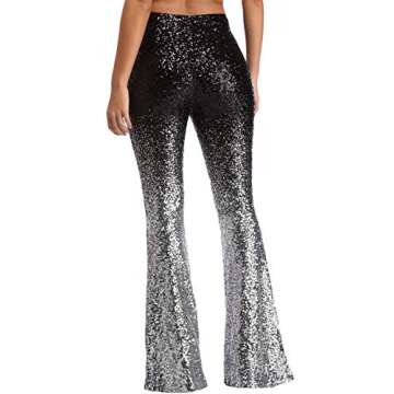 Azokoe Women High Waist Sequin Pants Bell Bottom Wide Leg Flared Glitter Pants (M, Silver)