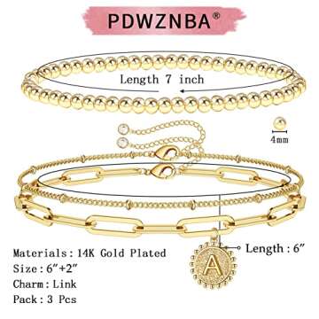 Gold Initial Bracelets for Women 14K Gold Plated Beaded Bracelets for Women Teen Girls Gold Layered ...