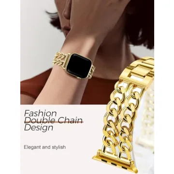 JR.DM Gold Watch Bands for Women Compatible with Apple Watch Band 38mm 40mm 41mm 42mm (S10) Adjustable Metal Band Cowboy Steel Chain Bracelet for iWatch Series1/2/3/4/5/6/7/8/9/10/SE (No Case)
