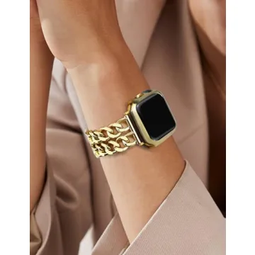 JR.DM Gold Watch Bands for Women Compatible with Apple Watch Band 38mm 40mm 41mm 42mm (S10) Adjustable Metal Band Cowboy Steel Chain Bracelet for iWatch Series1/2/3/4/5/6/7/8/9/10/SE (No Case)