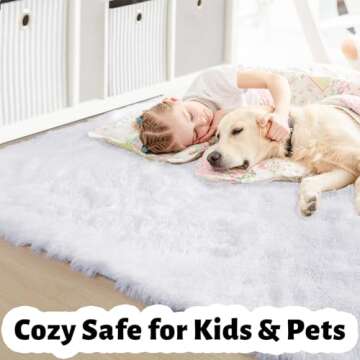 White Fluffy Living Room Rugs, Furry Area Rug 5x7 for Bedroom, Shag Rug for Kids Room, Living Room D...