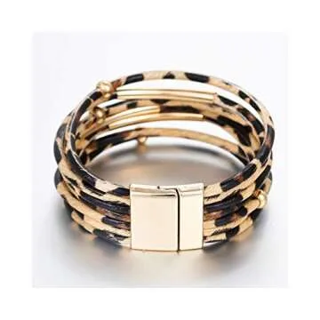 Fesciory Leopard Bracelet for Women, Boho Leather Wrap Multi-Layer Pearl Crystal Bracelet Bangle Jewelry(Brown Leopard)