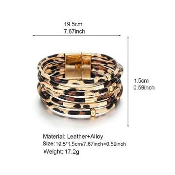 Fesciory Leopard Bracelet for Women, Boho Leather Wrap Multi-Layer Pearl Crystal Bracelet Bangle Jewelry(Brown Leopard)