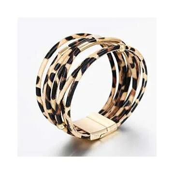 Fesciory Leopard Bracelet for Women, Boho Leather Wrap Multi-Layer Pearl Crystal Bracelet Bangle Jewelry(Brown Leopard)