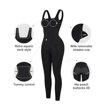 Popilush Jumpsuits for Women Built-In Bra Square Neck Ribbed Bodycon Workout Seamless Leggings Rompers Bodysuits Black Jumpsuit