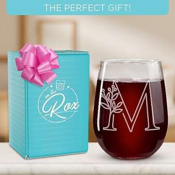 On The Rox Drinks Monogrammed Gifts For Women and Men - Letter A-Z Initial Engraved Monogram Stemless Wine Glass - 17 Oz Personalized Wine Gifts For Women and Men (M)