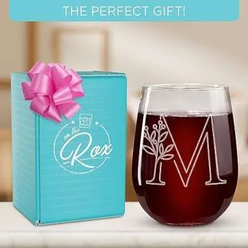 On The Rox Drinks Monogrammed Gifts For Women and Men - Letter A-Z Initial Engraved Monogram Stemless Wine Glass - 17 Oz Personalized Wine Gifts For Women and Men (M)