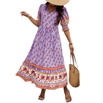 PRETTYGARDEN Boho Dresses for Women 2024 Summer Casual Smocked Puff Sleeve Bohemian Maxi Dress Flora...
