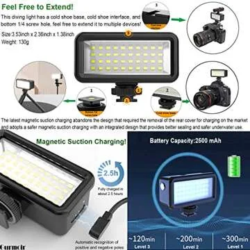 Gurmoir 40m Waterproof Underwater Diving Light Kit for GoPro Hero 12/11/10/9 and More Action Cameras/DSLR Cameras, Dimmable LED Video Light with 8 Color Filters+Extend Frame Mounts+Adapter