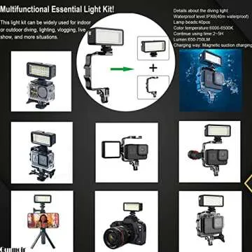 Gurmoir 40m Waterproof Underwater Diving Light Kit for GoPro Hero 12/11/10/9 and More Action Cameras/DSLR Cameras, Dimmable LED Video Light with 8 Color Filters+Extend Frame Mounts+Adapter