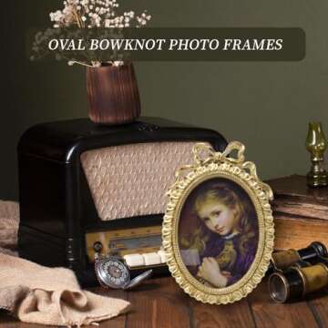 Bitray Vintage Picture Frame, 8.5" x 6" Oval Bowknot Photo Frames with Glass Front, Home Decor for Wall Haning or Tabletop Display
