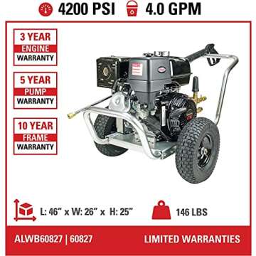 SIMPSON Cleaning ALWB60827 Water Blaster Series 4200 PSI Gas Pressure Washer, 4.0 GPM, Honda Engine, Includes Spray Gun and Wand, 5 QC Nozzle Tips, Monster Series 3/8-in. x 50-ft. Hose, (49-State)