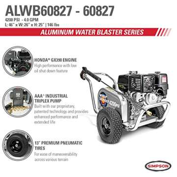 SIMPSON Cleaning ALWB60827 Water Blaster Series 4200 PSI Gas Pressure Washer, 4.0 GPM, Honda Engine, Includes Spray Gun and Wand, 5 QC Nozzle Tips, Monster Series 3/8-in. x 50-ft. Hose, (49-State)