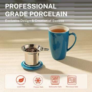 Sweese 15 OZ Porcelain Tea Mug with Infuser and Lid, Loose Leaf Tea Cup, Gifts for Tea Lover, Steel Blue