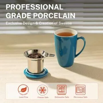 Sweese 15 OZ Porcelain Tea Mug with Infuser and Lid, Loose Leaf Tea Cup, Gifts for Tea Lover, Steel Blue