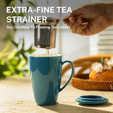 Sweese 15 OZ Porcelain Tea Mug with Infuser and Lid, Loose Leaf Tea Cup, Gifts for Tea Lover, Steel Blue