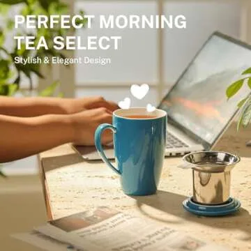 Sweese 15 OZ Porcelain Tea Mug with Infuser and Lid, Loose Leaf Tea Cup, Gifts for Tea Lover, Steel Blue