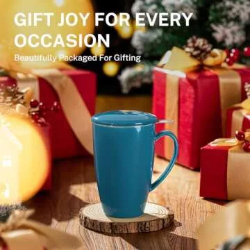 Sweese 15 OZ Porcelain Tea Mug with Infuser and Lid, Loose Leaf Tea Cup, Gifts for Tea Lover, Steel Blue