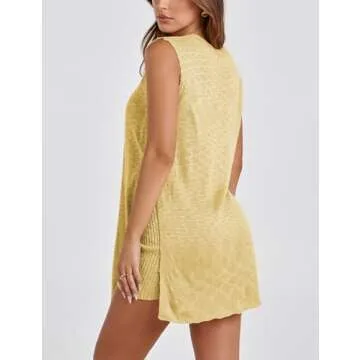 SeekMe Womens Summer Knit Sweater Set Sleeveless Tunic Top Matching Shorts 2 Piece Outfits Trendy Beach Vacation Set(1887-Yellow-M-FY)