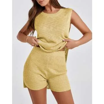SeekMe Womens Summer Knit Sweater Set Sleeveless Tunic Top Matching Shorts 2 Piece Outfits Trendy Beach Vacation Set(1887-Yellow-M-FY)