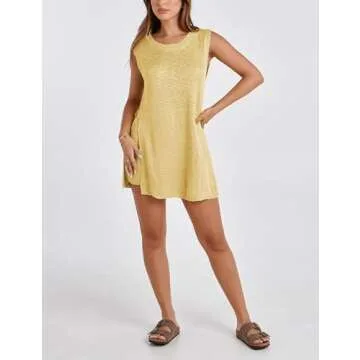 SeekMe Womens Summer Knit Sweater Set Sleeveless Tunic Top Matching Shorts 2 Piece Outfits Trendy Beach Vacation Set(1887-Yellow-M-FY)