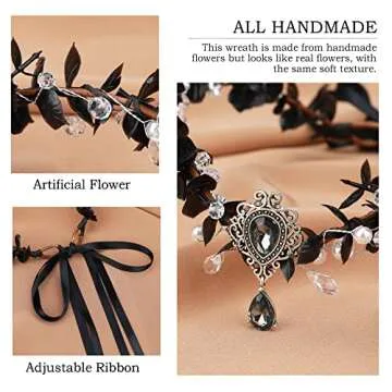 MOSTORY Handmade Black Flower Headband Dark Fairy Headpiece Elf Crown Elven Wreath with Crystal for Girls Women Cosplay Renaissance Bridal Maternity
