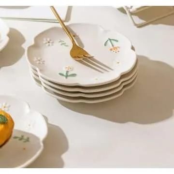 Bicuzat Embossed Flower Pattern Ceramic Seasoning Dishes Sauce Dishes Sushi Dipping Bowls Appetizer Plates Dessert Plates Food Serving Dishes for Kitchen, Tabletop, 4 PCS, 6 Inch