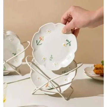 Bicuzat Embossed Flower Pattern Ceramic Seasoning Dishes Sauce Dishes Sushi Dipping Bowls Appetizer Plates Dessert Plates Food Serving Dishes for Kitchen, Tabletop, 4 PCS, 6 Inch