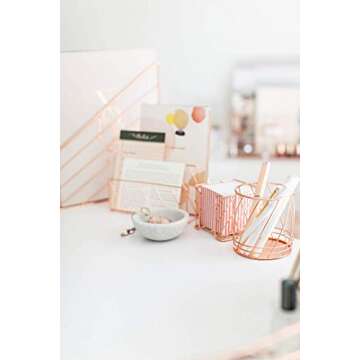 Blu Monaco Rose Gold Desk Organizer - 5 Piece Desk Accessories Set - Letter - Mail Organizer, Paper-Document Tray, Pen Cup, Magazine File Holder - Diagonal Pattern - Office Supplies Stationery Décor