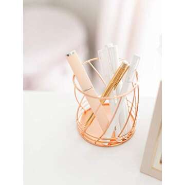 Blu Monaco Rose Gold Desk Organizer - 5 Piece Desk Accessories Set - Letter - Mail Organizer, Paper-Document Tray, Pen Cup, Magazine File Holder - Diagonal Pattern - Office Supplies Stationery Décor