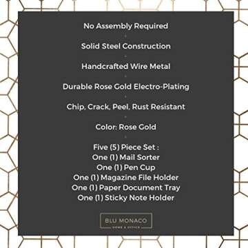 Blu Monaco Rose Gold Desk Organizer - 5 Piece Desk Accessories Set - Letter - Mail Organizer, Paper-Document Tray, Pen Cup, Magazine File Holder - Diagonal Pattern - Office Supplies Stationery Décor