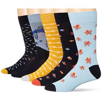 Amazon Essentials Men's Comfortable Patterned Dress Socks, 5 Pairs, Multi Color/Under the Sea, One S...