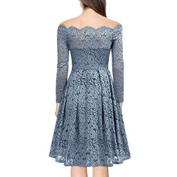 MISSMAY Women's Vintage Floral Lace Long Sleeve Boat Neck Cocktail Party Swing Dress (Small, Blue Grey)