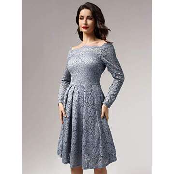 MISSMAY Women's Vintage Floral Lace Long Sleeve Boat Neck Cocktail Party Swing Dress (Small, Blue Grey)