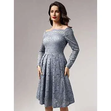 MISSMAY Women's Vintage Floral Lace Long Sleeve Boat Neck Cocktail Party Swing Dress (Small, Blue Grey)