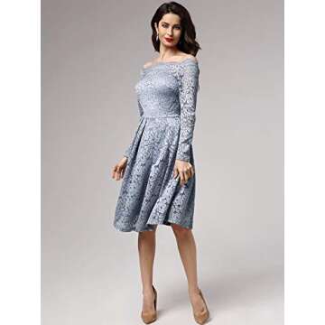MISSMAY Women's Vintage Floral Lace Long Sleeve Boat Neck Cocktail Party Swing Dress (Small, Blue Grey)