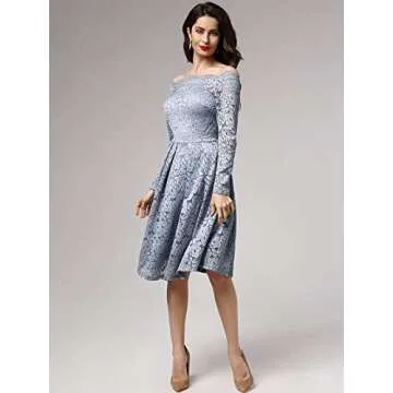 MISSMAY Women's Vintage Floral Lace Long Sleeve Boat Neck Cocktail Party Swing Dress (Small, Blue Grey)