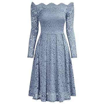 MISSMAY Women's Vintage Floral Lace Long Sleeve Boat Neck Cocktail Party Swing Dress (Small, Blue Grey)