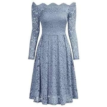 MISSMAY Women's Vintage Floral Lace Long Sleeve Boat Neck Cocktail Party Swing Dress (Small, Blue Grey)