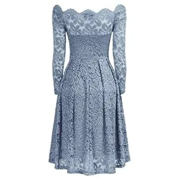 MISSMAY Women's Vintage Floral Lace Long Sleeve Boat Neck Cocktail Party Swing Dress (Small, Blue Grey)
