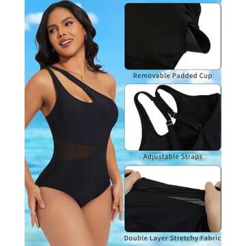 SHAPERIN Women One Piece Swimsuits Tummy Control One Shoulder Bathing Suits Cutout Asymmetrical Swimwear (X-Large,Black)