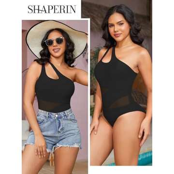SHAPERIN Women One Piece Swimsuits Tummy Control One Shoulder Bathing Suits Cutout Asymmetrical Swimwear (X-Large,Black)
