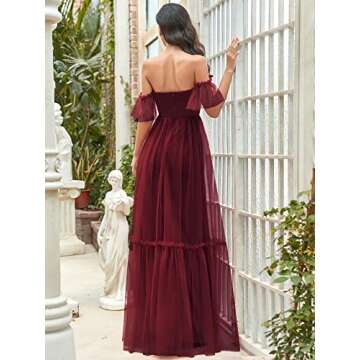 Ever-Pretty Women's Formal Dress Sweetheart Off-Shoulder Ruched Tulle Maxi Bridesmaid Dresses Burgundy US4