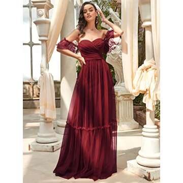 Ever-Pretty Women's Formal Dress Sweetheart Off-Shoulder Ruched Tulle Maxi Bridesmaid Dresses Burgundy US4